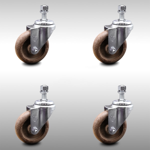 4 Inch SS High Temp Glass Filled Nylon Swivel 10mm Threaded Stem Caster Set